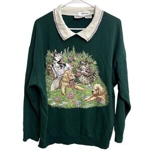 Vintage Animal Cat Dog Floral Grandma Sweater Collared Lightweight Size L